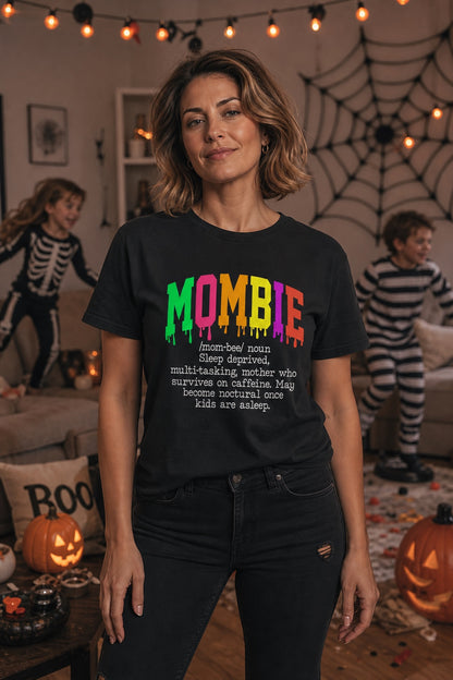 Mombie dripping neon varsity letters Halloween graphic tee on Comfort Colors heavyweight shirt worn by a model