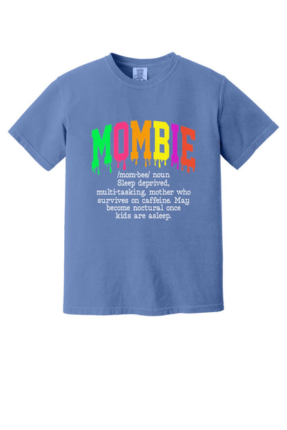 Mombie dripping neon varsity letters Halloween graphic tee on Comfort Colors heavyweight shirt in Periwinkle