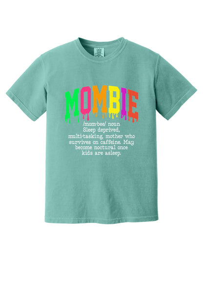 Mombie dripping neon varsity letters Halloween graphic tee on Comfort Colors heavyweight shirt in Seafoam