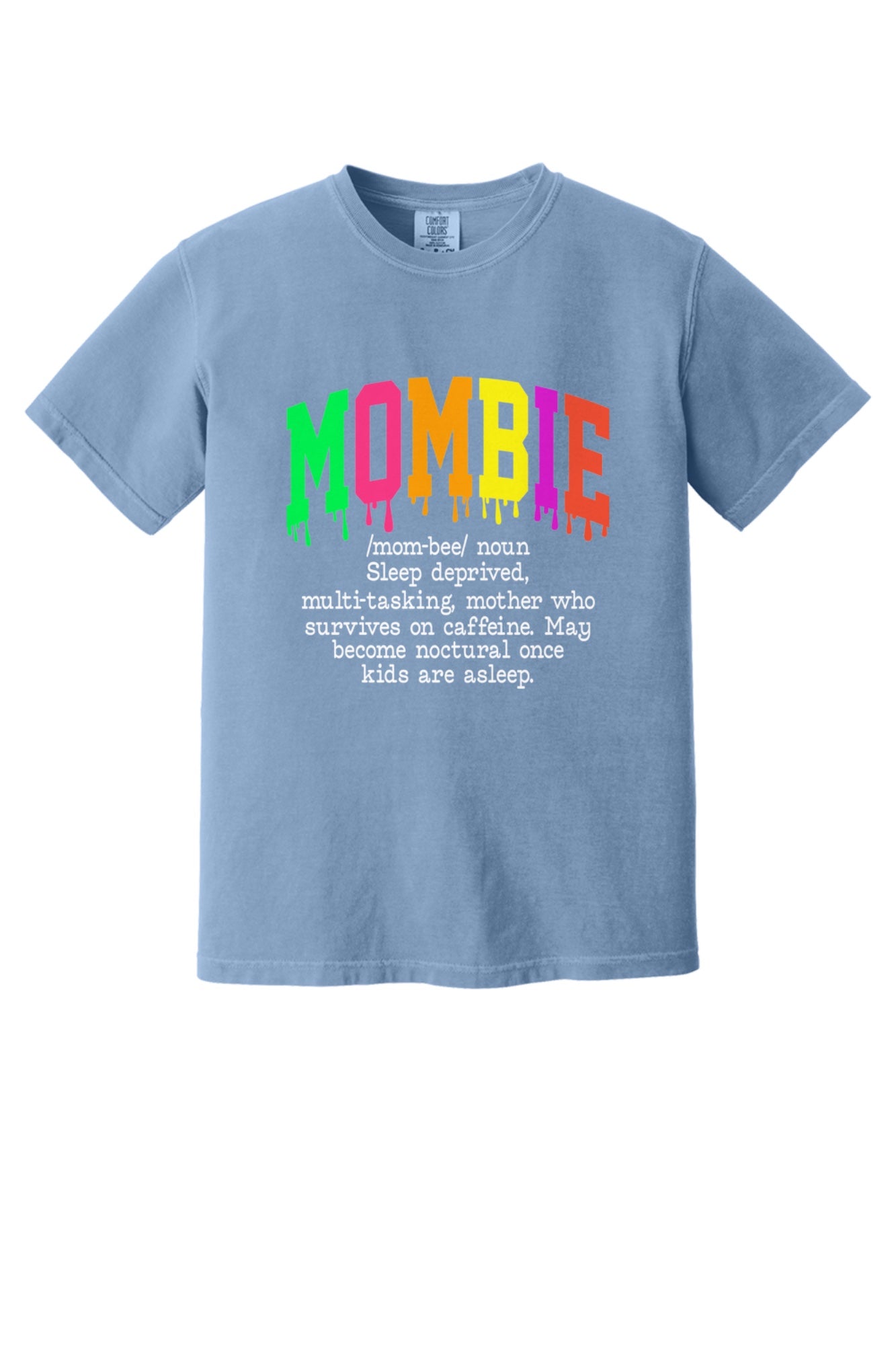 Mombie dripping neon varsity letters Halloween graphic tee on Comfort Colors heavyweight shirt in Washed Denim