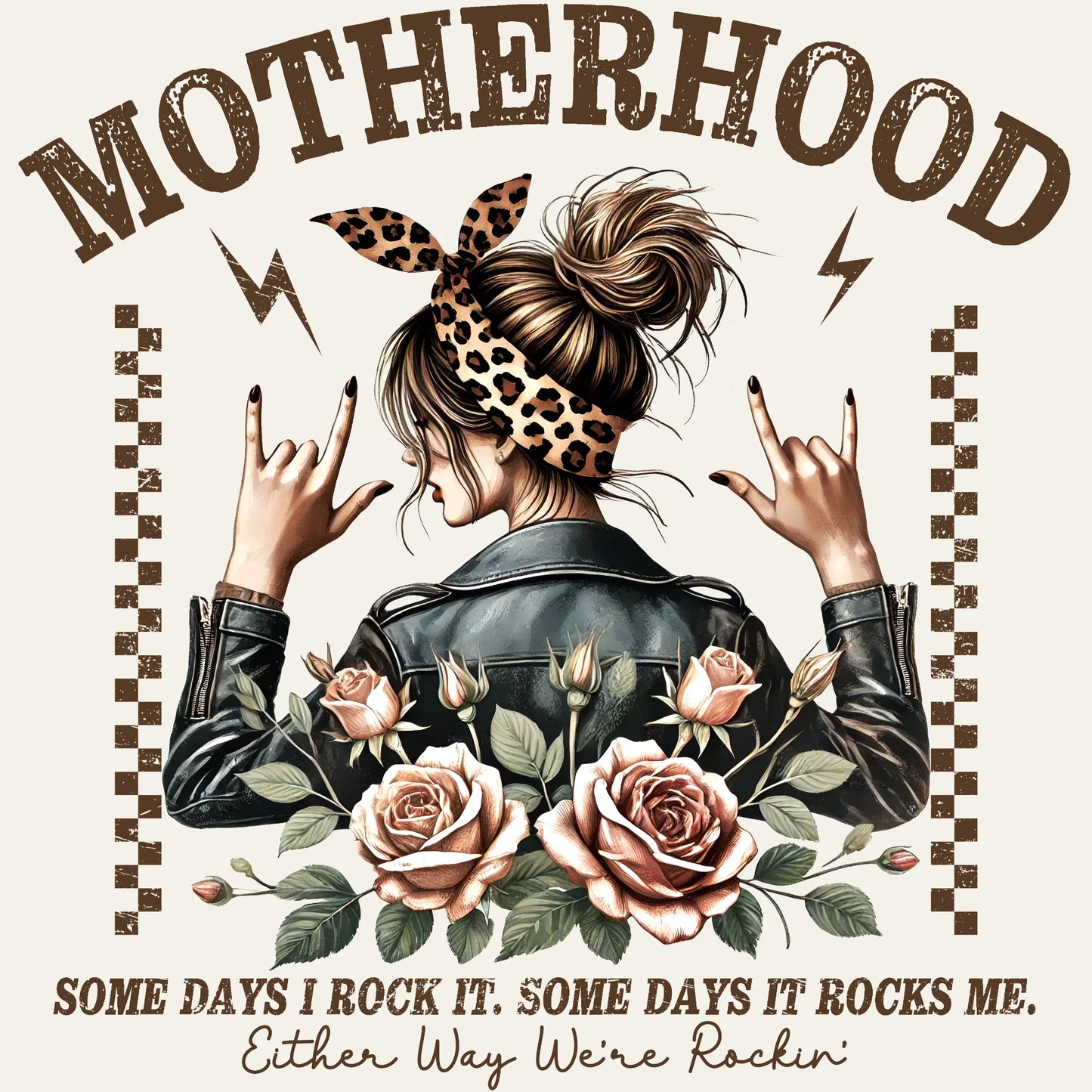 Motherhood Rocker Mom DTF Transfer – Leopard Headband Floral Mom Design Ready to Press