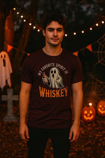 My Favorite Spirit Is Whiskey ghost Halloween unisex tee BELLA+CANVAS 3001 worn by a model