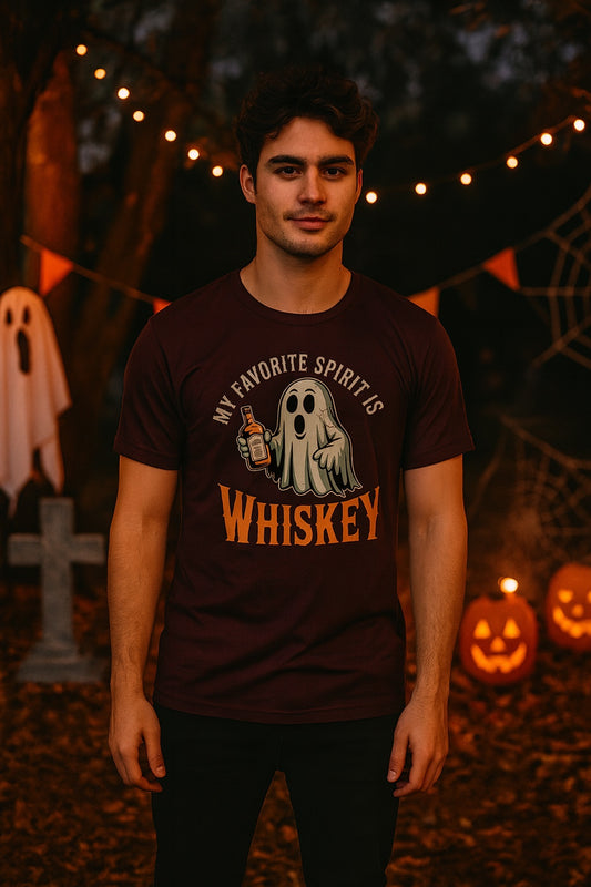 My Favorite Spirit Is Whiskey ghost Halloween unisex tee BELLA+CANVAS 3001 worn by a model