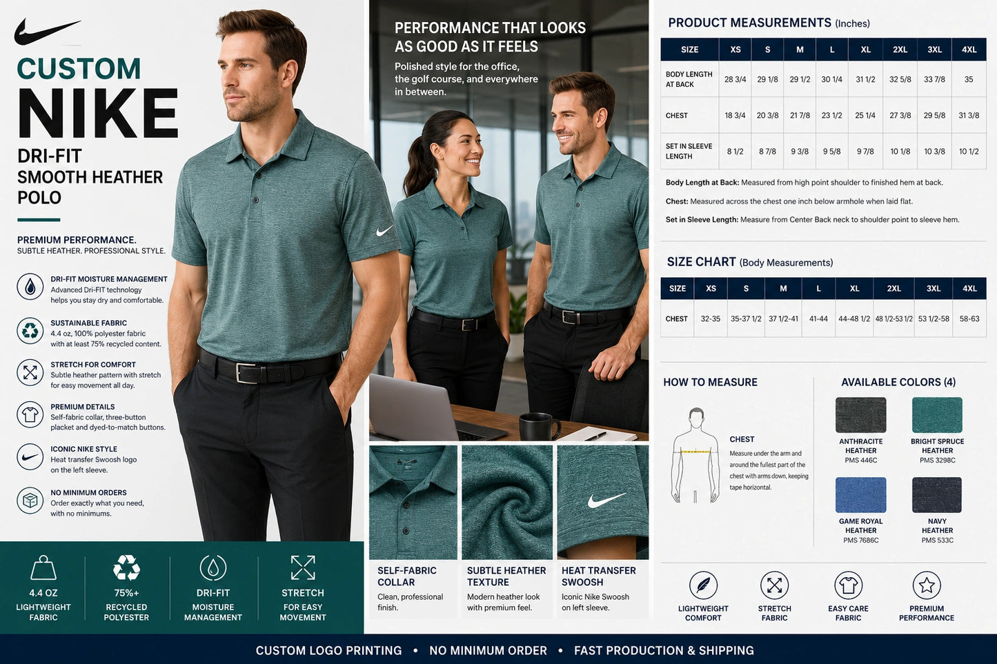 Custom Nike Dri-FIT Smooth Heather Polo Shirt with Logo Printing