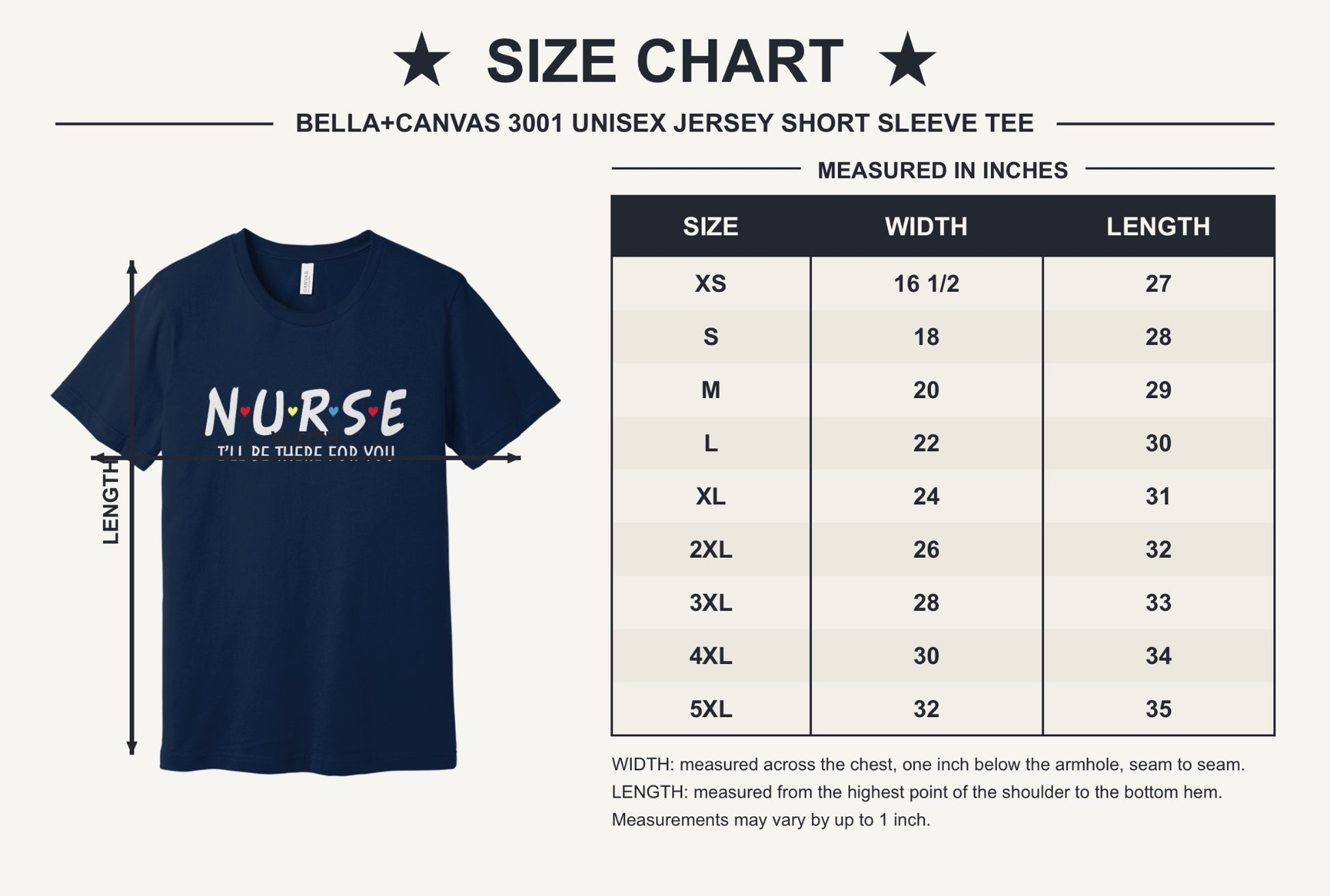 Nurse I'll Be There For You printed unisex tee with colorful hearts, humor nurse shirt - size chart