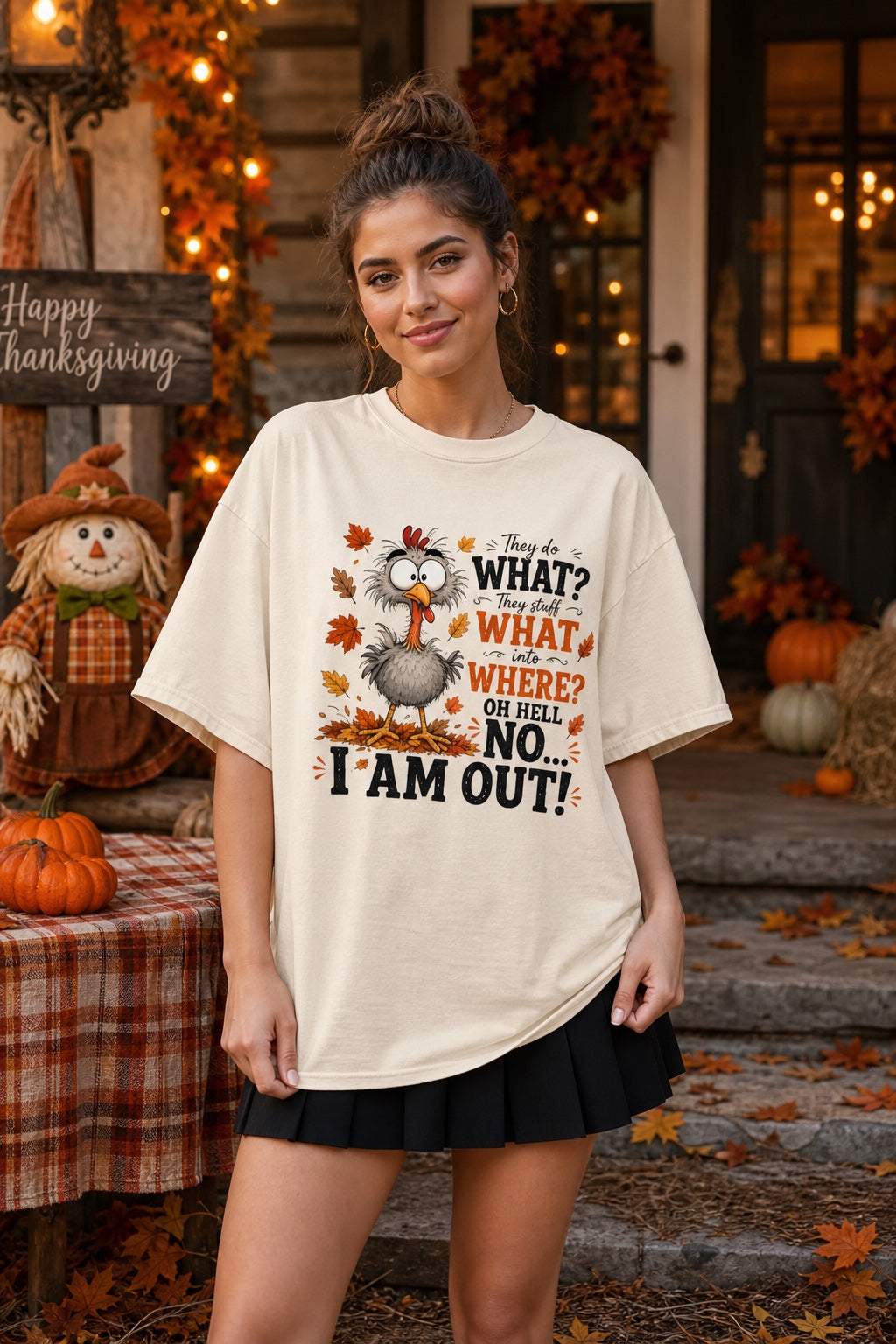 Oh Hell No I Am Out funny cartoon turkey Thanksgiving humor tee on Comfort Colors heavyweight shirt worn by a model