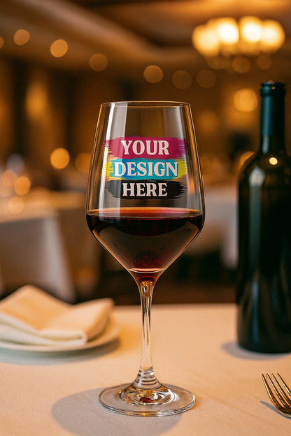 Wine glass with red wine on a table in a restaurant setting, with customizable text overlay.