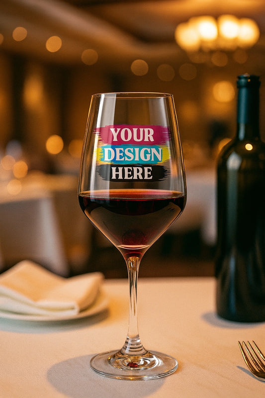 Wine glass with red wine on a table in a restaurant setting, with customizable text overlay.