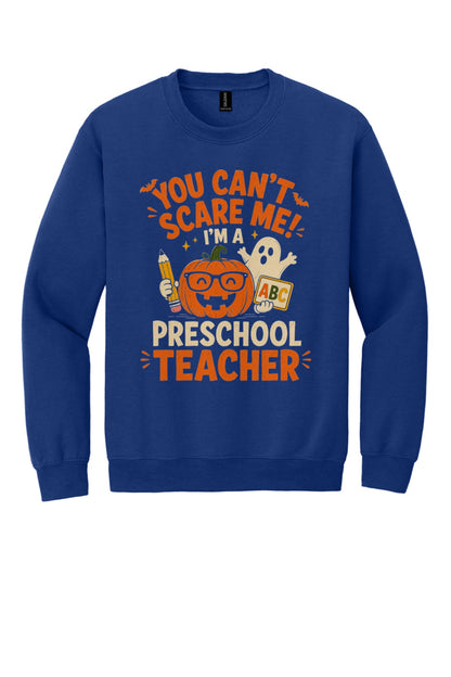 You Can't Scare Me I'm a Preschool Teacher Halloween pumpkin ghost DTF crewneck sweatshirt in Fan Deep Royal