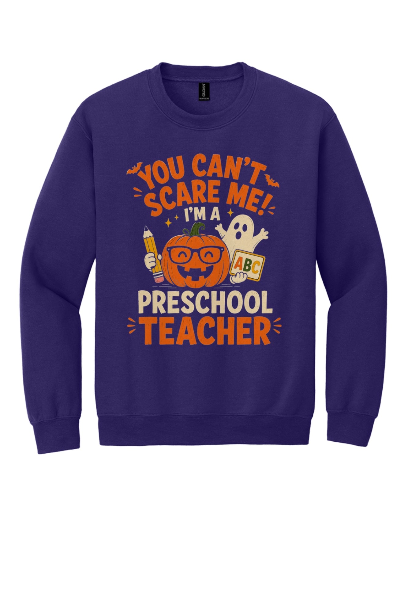 You Can't Scare Me I'm a Preschool Teacher Halloween pumpkin ghost DTF crewneck sweatshirt in Purple