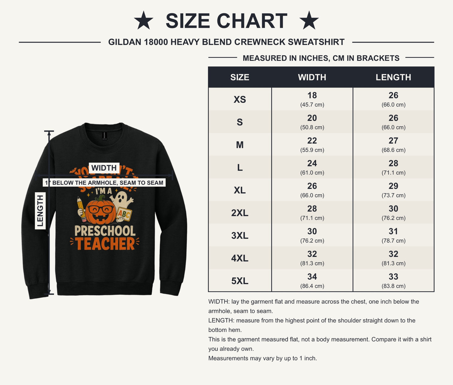 You Can't Scare Me I'm a Preschool Teacher Halloween pumpkin ghost DTF crewneck sweatshirt - size chart