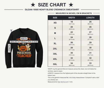 You Can't Scare Me I'm a Preschool Teacher Halloween pumpkin ghost DTF crewneck sweatshirt - size chart