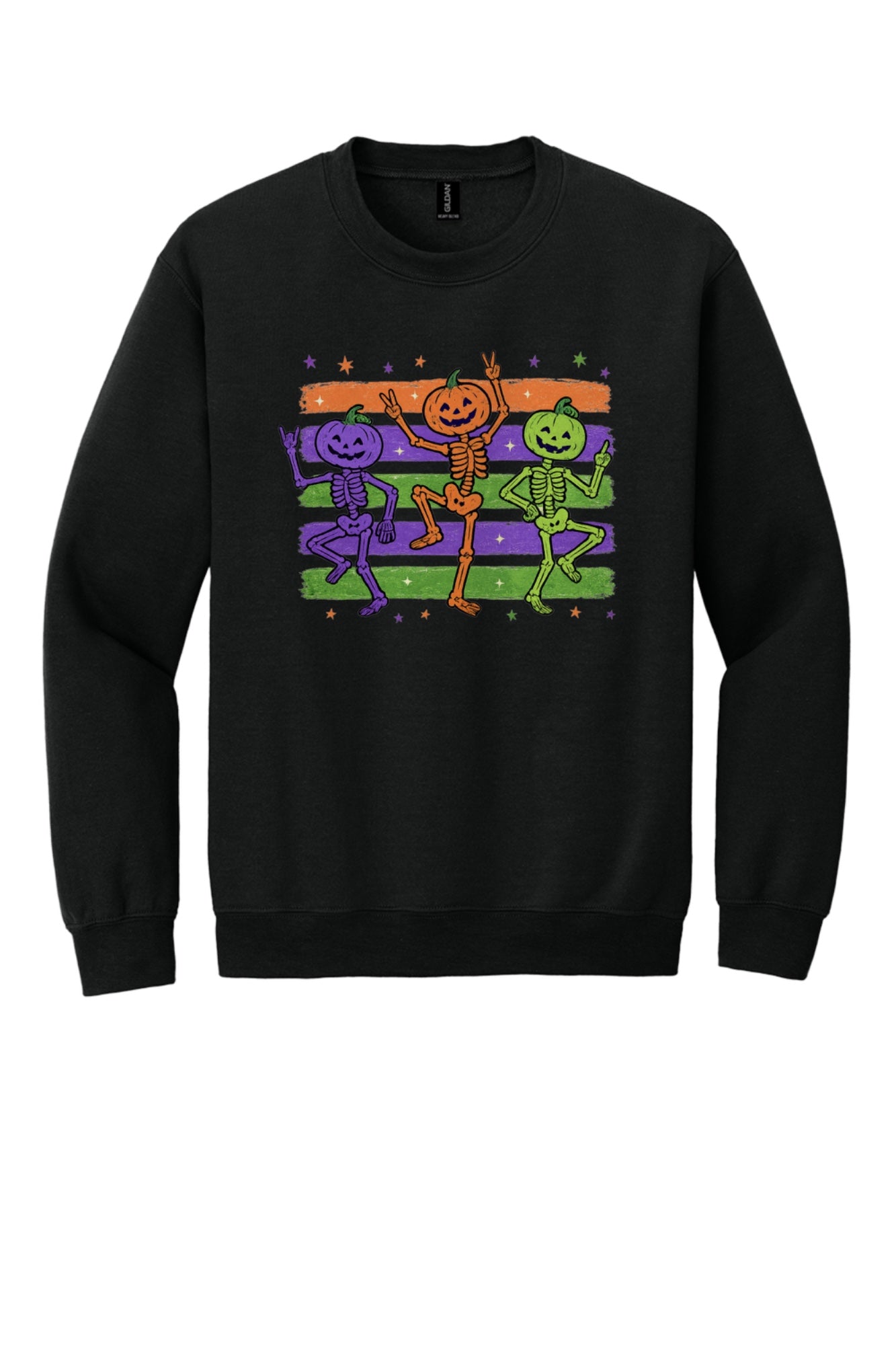 Dancing pumpkin head skeleton trio Halloween crewneck sweatshirt in purple orange and green on white in Black