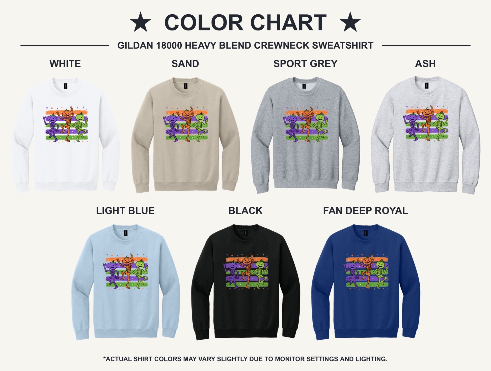 Dancing pumpkin head skeleton trio Halloween crewneck sweatshirt in purple orange and green on white - available shirt colors chart