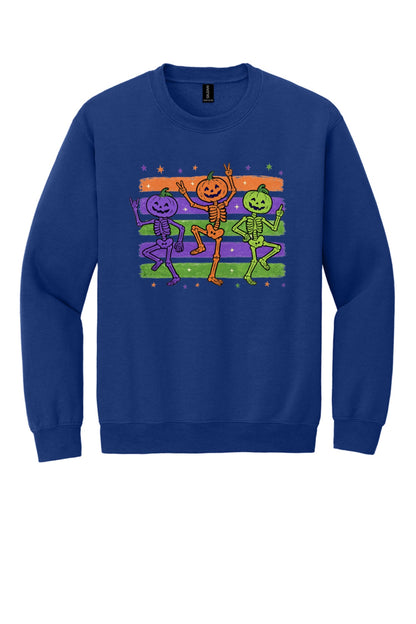 Dancing pumpkin head skeleton trio Halloween crewneck sweatshirt in purple orange and green on white in Fan Deep Royal
