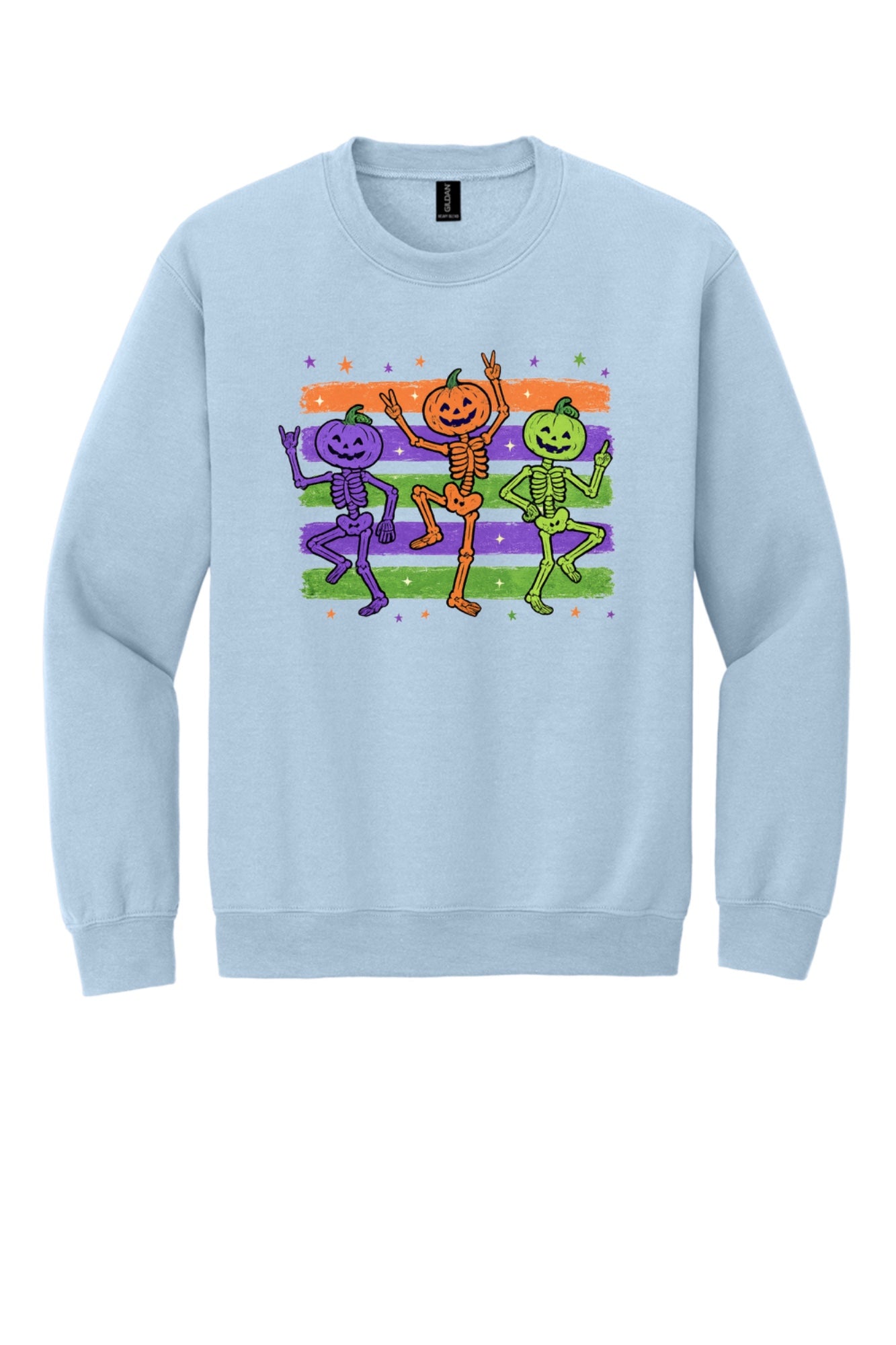 Dancing pumpkin head skeleton trio Halloween crewneck sweatshirt in purple orange and green on white in Light Blue