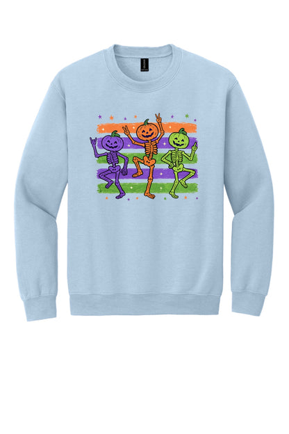 Dancing pumpkin head skeleton trio Halloween crewneck sweatshirt in purple orange and green on white in Light Blue