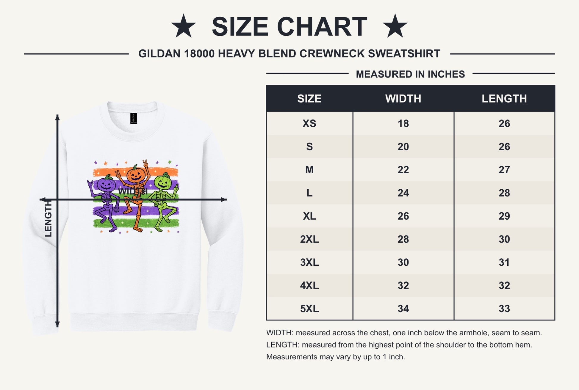 Dancing pumpkin head skeleton trio Halloween crewneck sweatshirt in purple orange and green on white - size chart