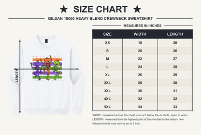 Dancing pumpkin head skeleton trio Halloween crewneck sweatshirt in purple orange and green on white - size chart