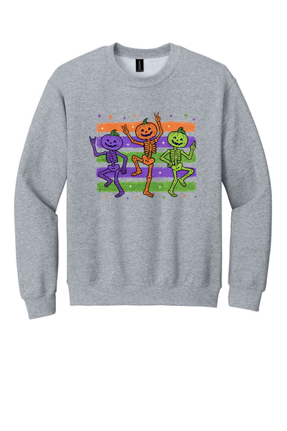 Dancing pumpkin head skeleton trio Halloween crewneck sweatshirt in purple orange and green on white in Sport Grey