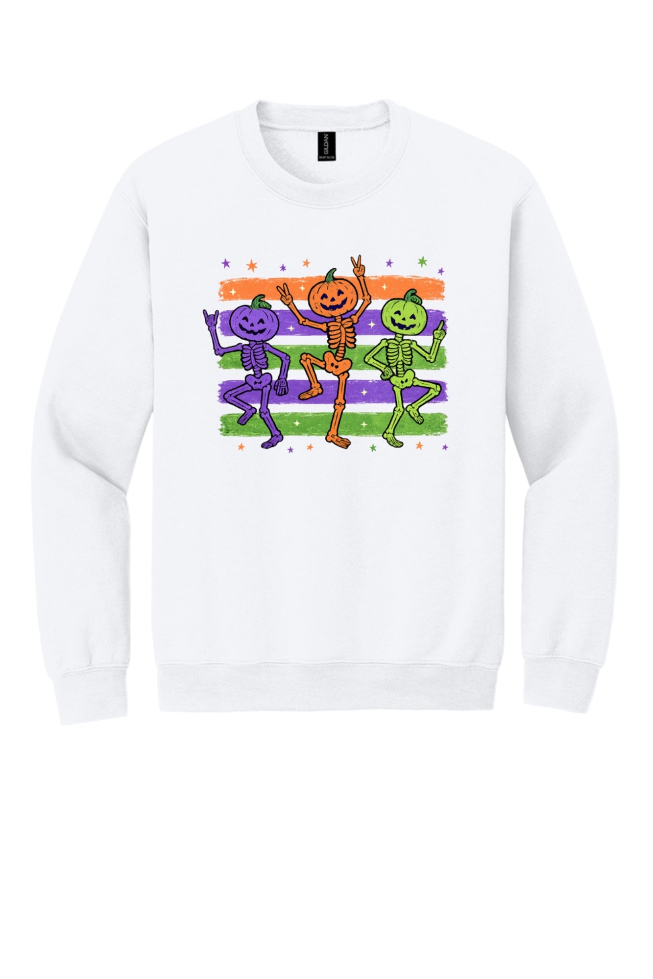 Dancing pumpkin head skeleton trio Halloween crewneck sweatshirt in purple orange and green on white in White