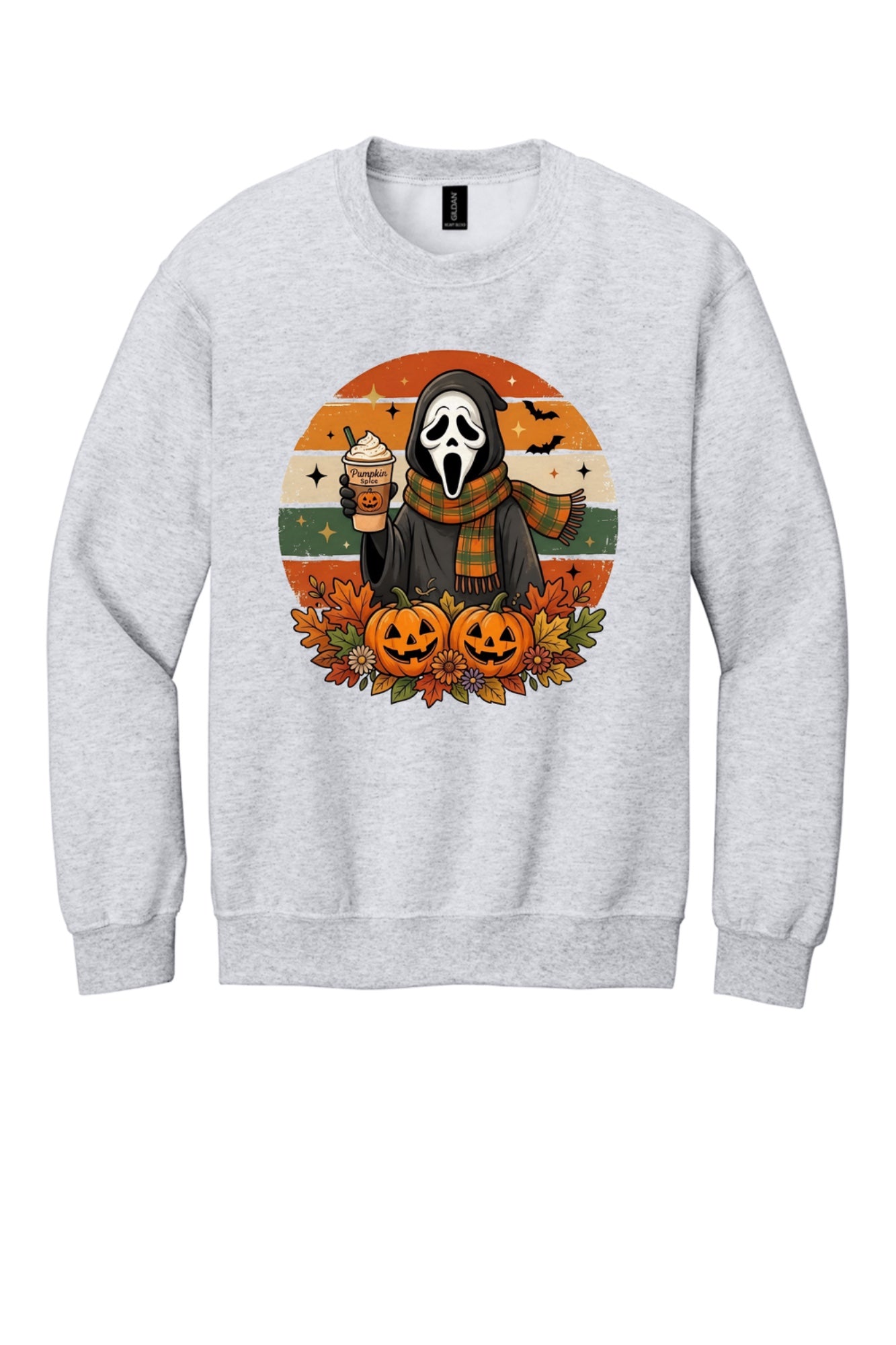 Pumpkin Spice ghost face Halloween crewneck sweatshirt with jack-o-lanterns retro fall design DTF print in Ash