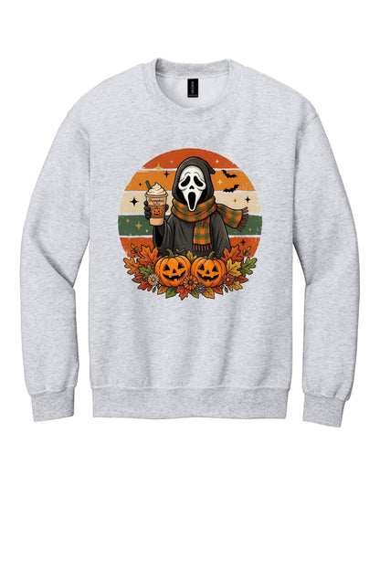 Pumpkin Spice ghost face Halloween crewneck sweatshirt with jack-o-lanterns retro fall design DTF print in Ash