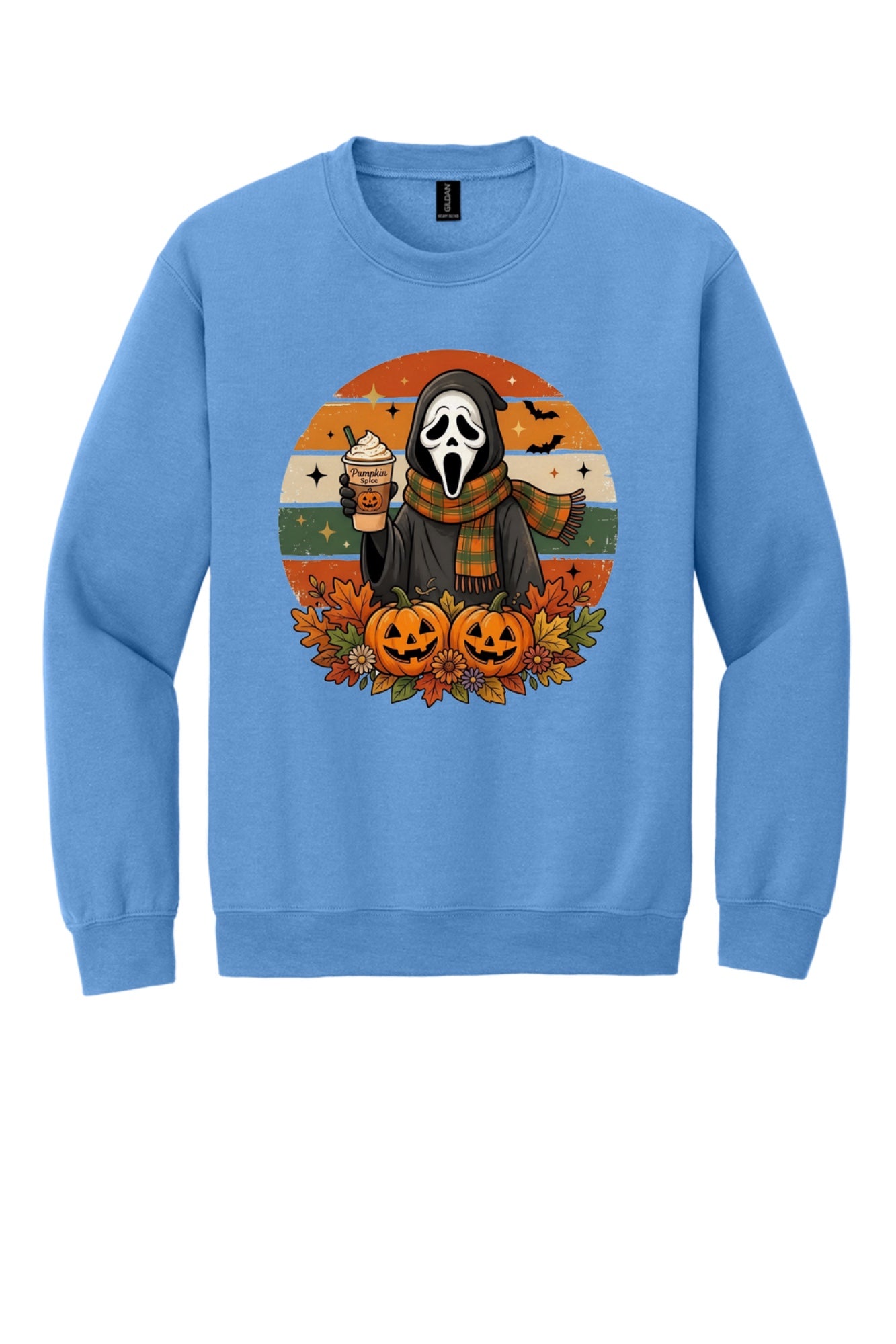 Pumpkin Spice ghost face Halloween crewneck sweatshirt with jack-o-lanterns retro fall design DTF print in Carolina Blue