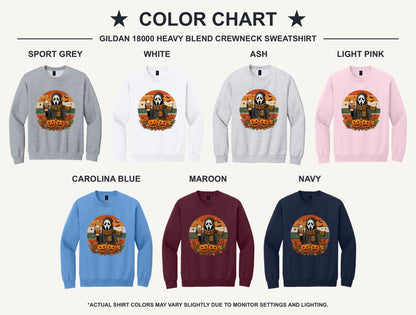 Pumpkin Spice ghost face Halloween crewneck sweatshirt with jack-o-lanterns retro fall design DTF print - available shirt colors chart