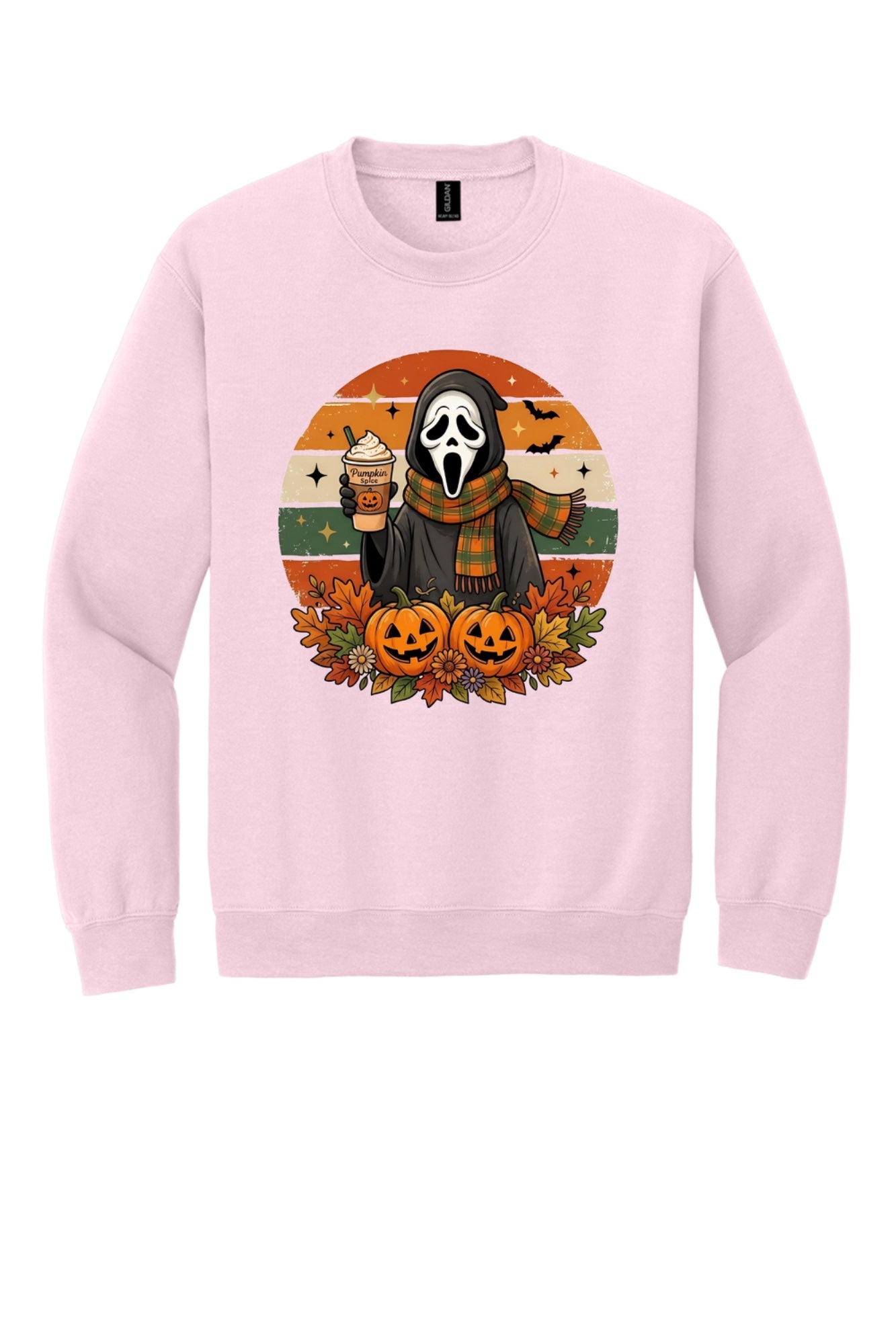 Pumpkin Spice ghost face Halloween crewneck sweatshirt with jack-o-lanterns retro fall design DTF print in Light Pink