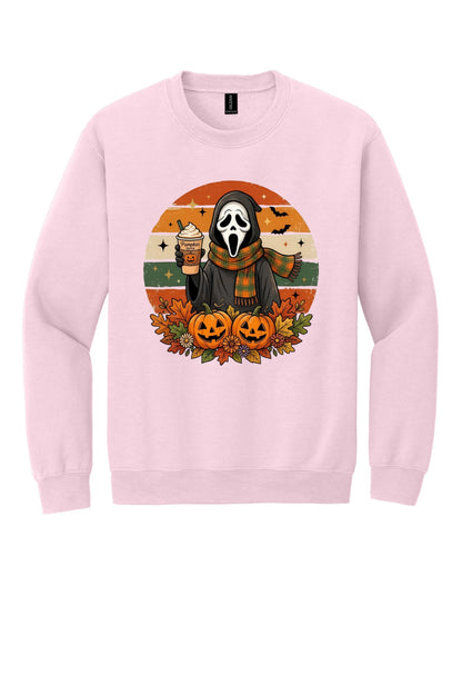 Pumpkin Spice ghost face Halloween crewneck sweatshirt with jack-o-lanterns retro fall design DTF print in Light Pink