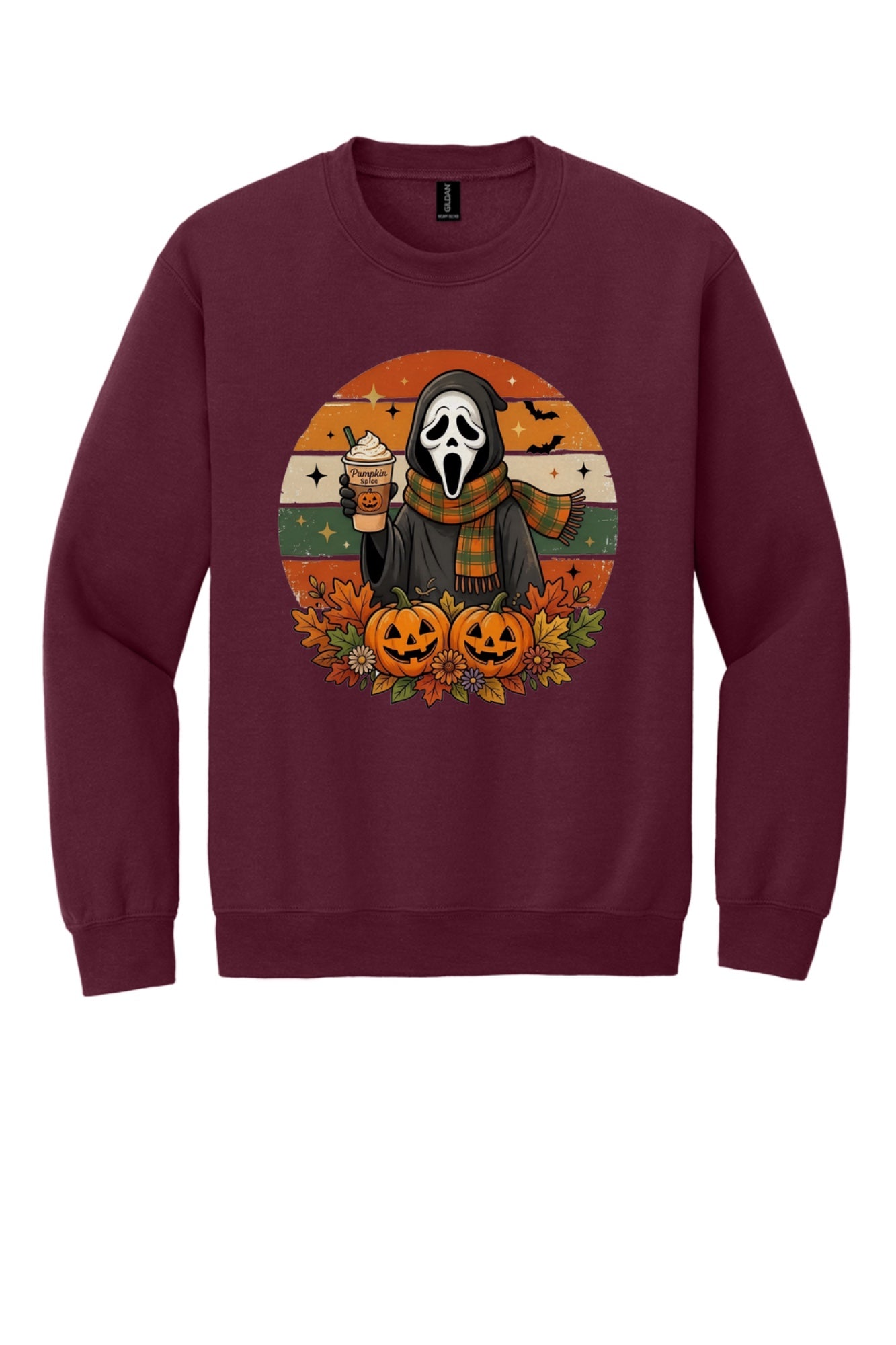 Pumpkin Spice ghost face Halloween crewneck sweatshirt with jack-o-lanterns retro fall design DTF print in Maroon