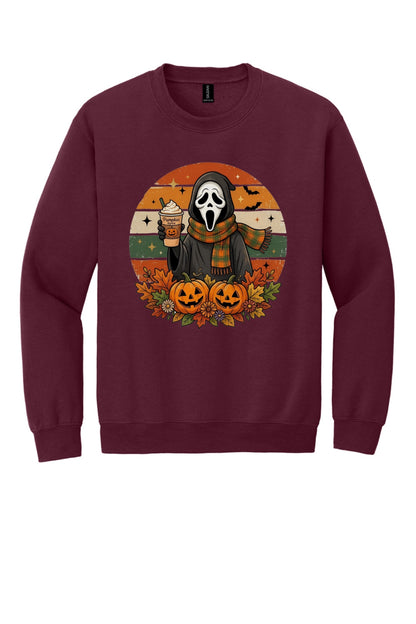 Pumpkin Spice ghost face Halloween crewneck sweatshirt with jack-o-lanterns retro fall design DTF print in Maroon