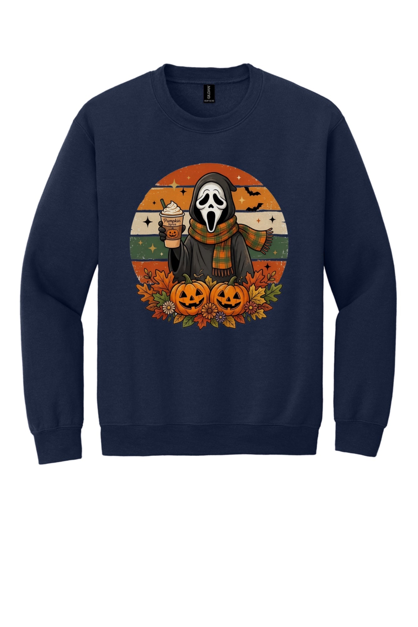 Pumpkin Spice ghost face Halloween crewneck sweatshirt with jack-o-lanterns retro fall design DTF print in Navy
