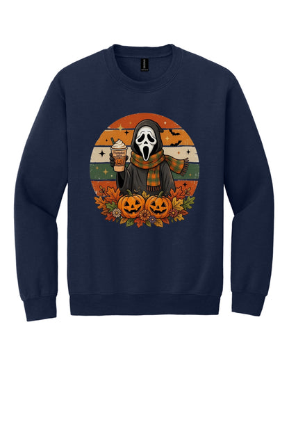 Pumpkin Spice ghost face Halloween crewneck sweatshirt with jack-o-lanterns retro fall design DTF print in Navy