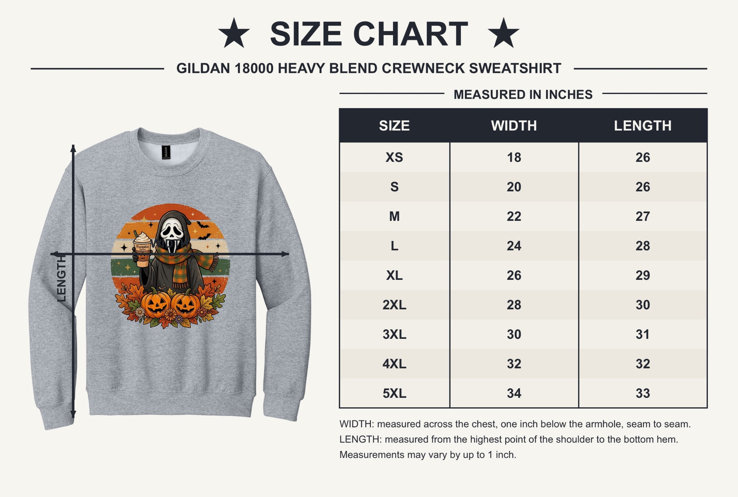 Pumpkin Spice ghost face Halloween crewneck sweatshirt with jack-o-lanterns retro fall design DTF print - size chart