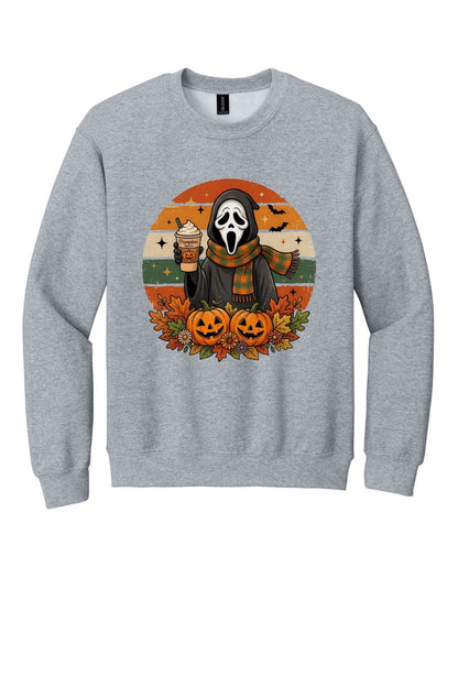 Pumpkin Spice ghost face Halloween crewneck sweatshirt with jack-o-lanterns retro fall design DTF print in Sport Grey