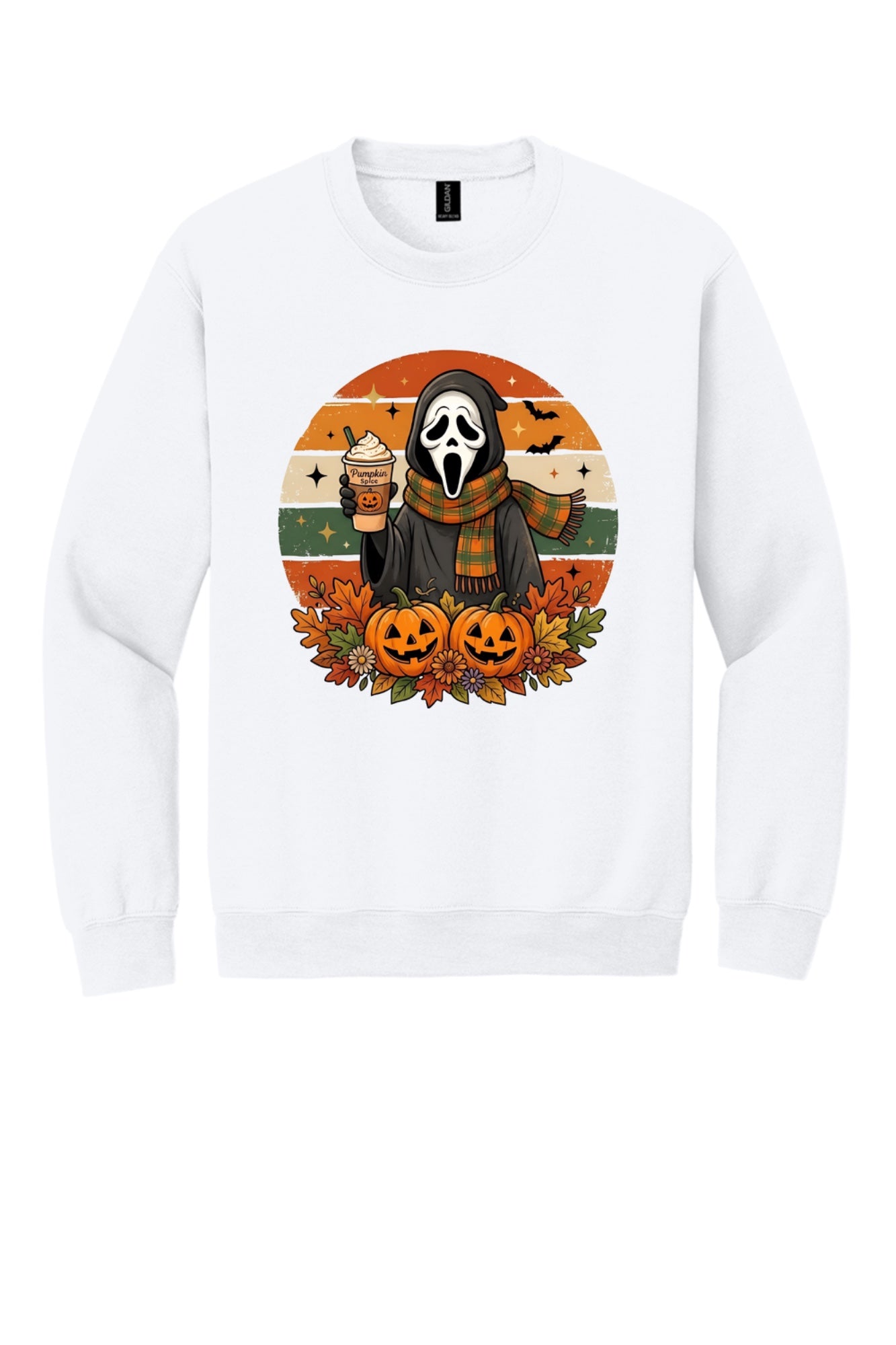 Pumpkin Spice ghost face Halloween crewneck sweatshirt with jack-o-lanterns retro fall design DTF print in White