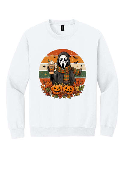 Pumpkin Spice ghost face Halloween crewneck sweatshirt with jack-o-lanterns retro fall design DTF print in White