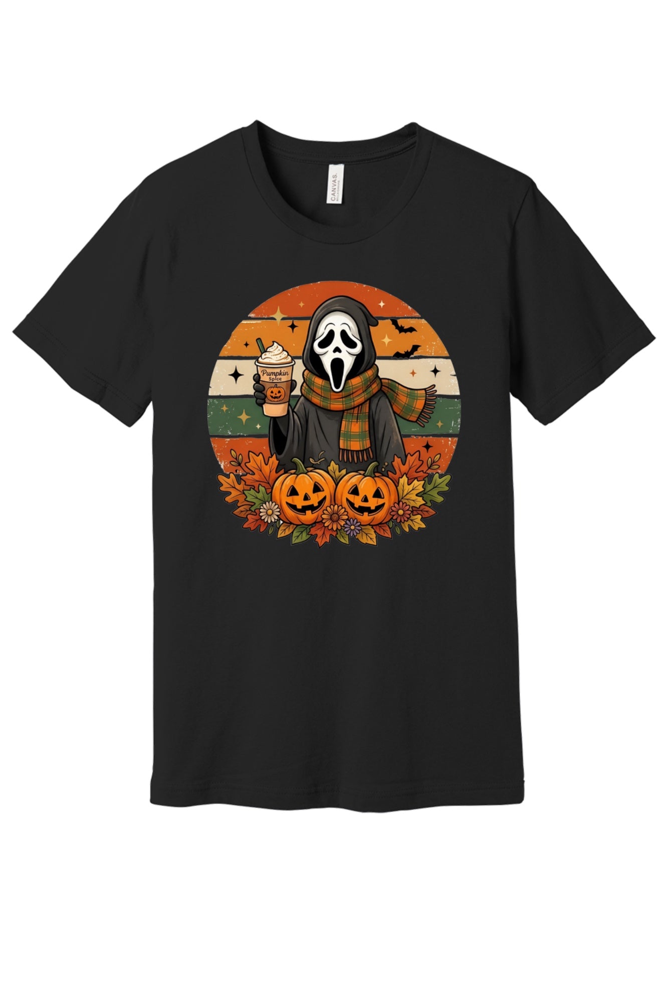 Pumpkin Spice Ghostface Halloween retro graphic tee with jack-o-lanterns and fall leaves printed on shirt in Black