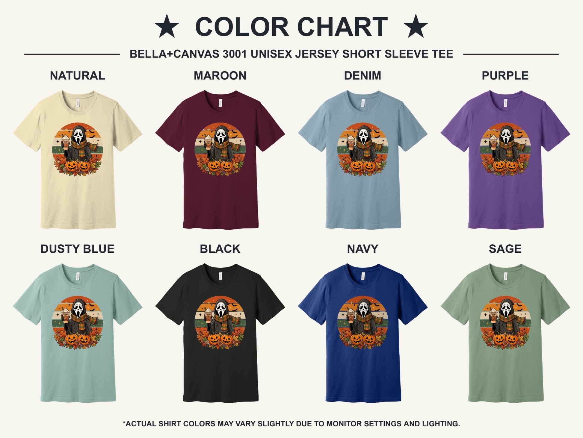Pumpkin Spice Ghostface Halloween retro graphic tee with jack-o-lanterns and fall leaves printed on shirt - available shirt colors chart