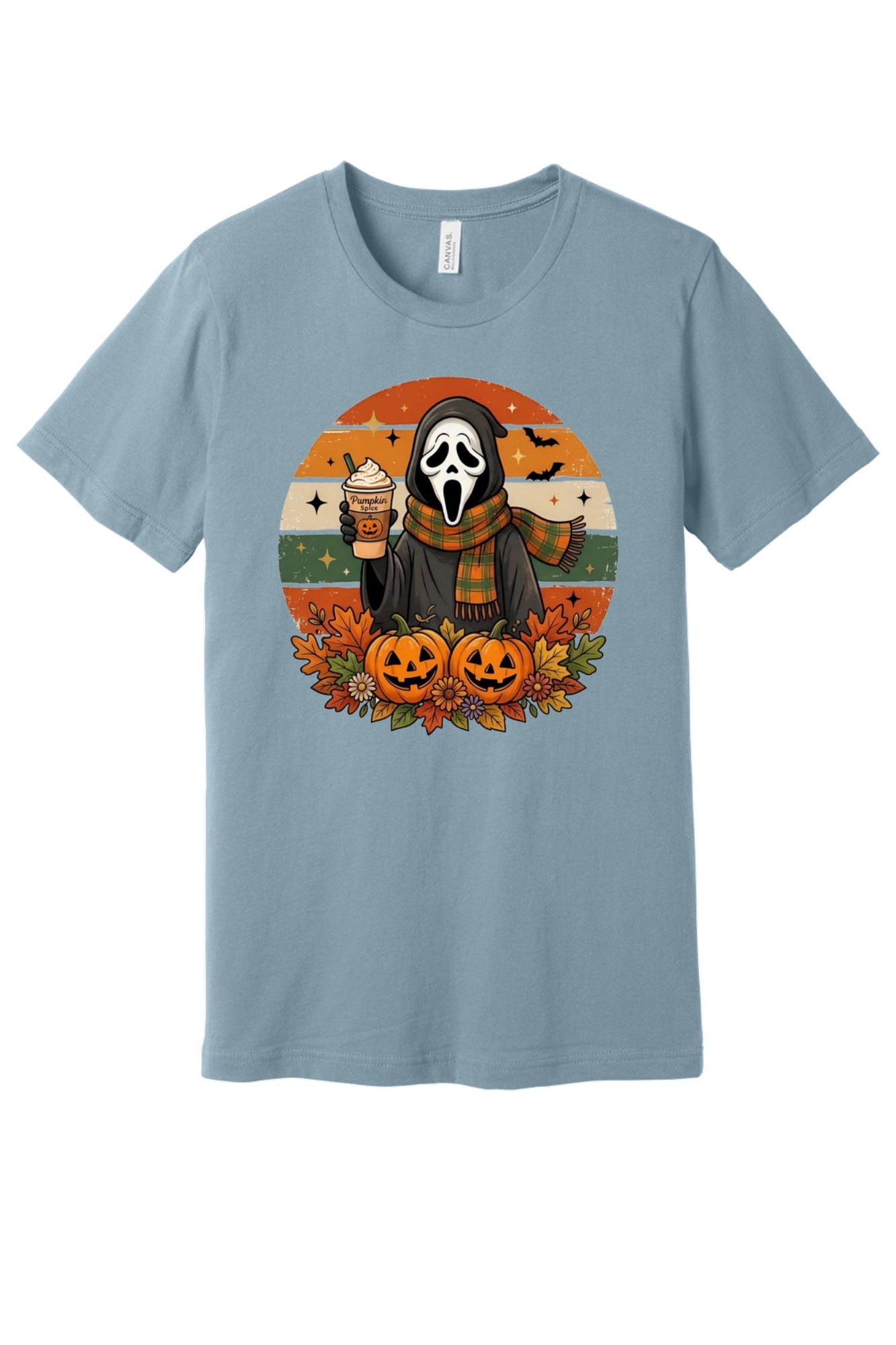 Pumpkin Spice Ghostface Halloween retro graphic tee with jack-o-lanterns and fall leaves printed on shirt in Denim