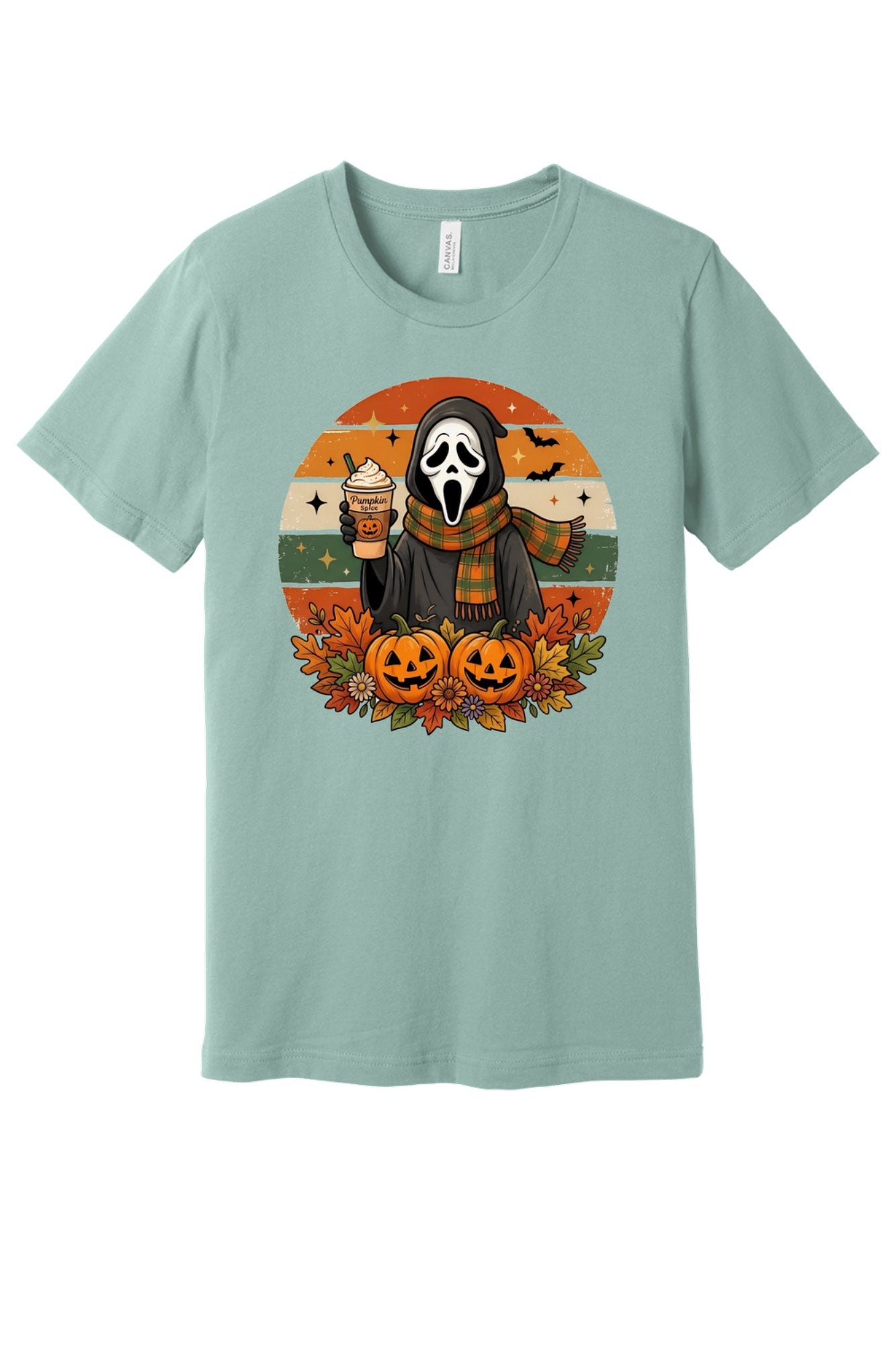 Pumpkin Spice Ghostface Halloween retro graphic tee with jack-o-lanterns and fall leaves printed on shirt in Dusty Blue