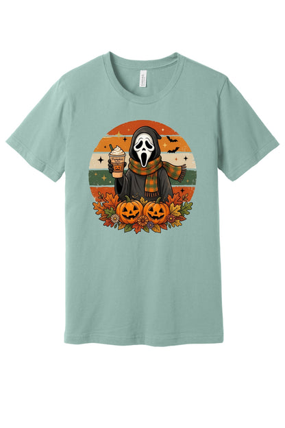 Pumpkin Spice Ghostface Halloween retro graphic tee with jack-o-lanterns and fall leaves printed on shirt in Dusty Blue