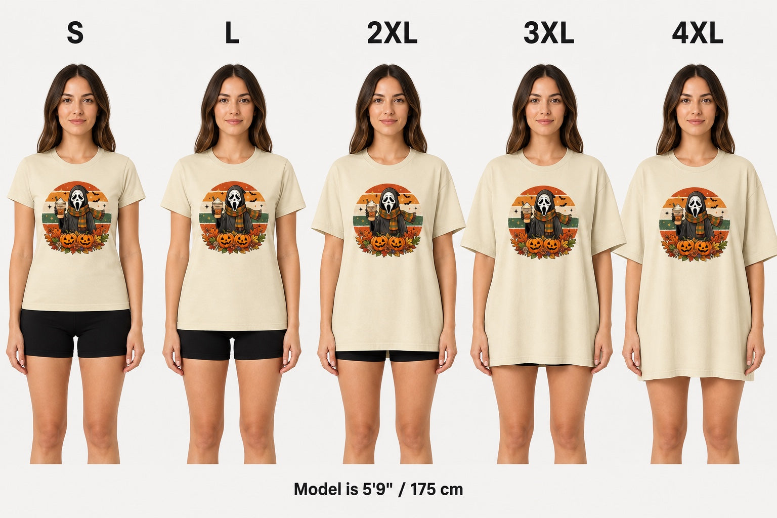 Pumpkin Spice Ghostface Halloween retro graphic tee with jack-o-lanterns and fall leaves printed on shirt size fit comparison on model, S L 2XL 3XL 4XL
