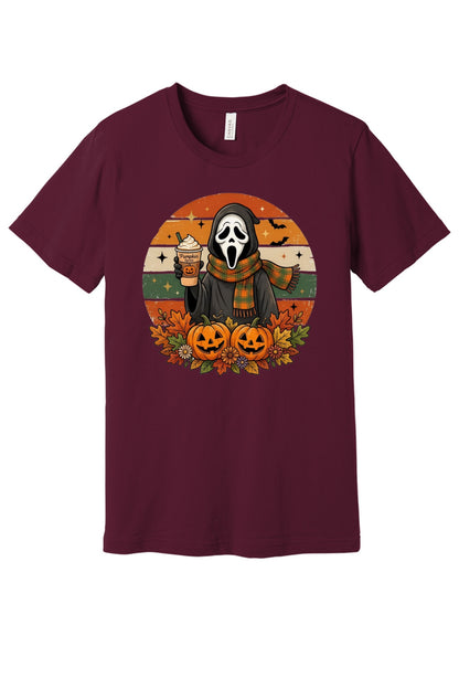 Pumpkin Spice Ghostface Halloween retro graphic tee with jack-o-lanterns and fall leaves printed on shirt in Maroon
