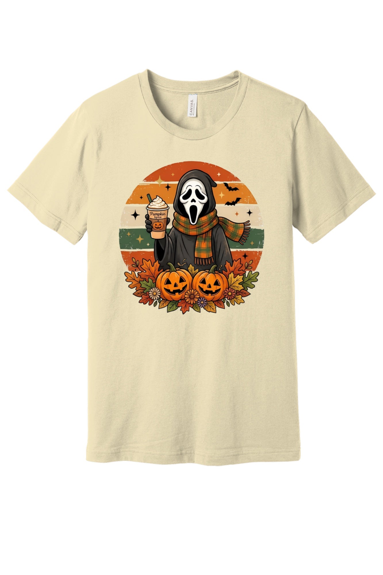 Pumpkin Spice Ghostface Halloween retro graphic tee with jack-o-lanterns and fall leaves printed on shirt in Natural