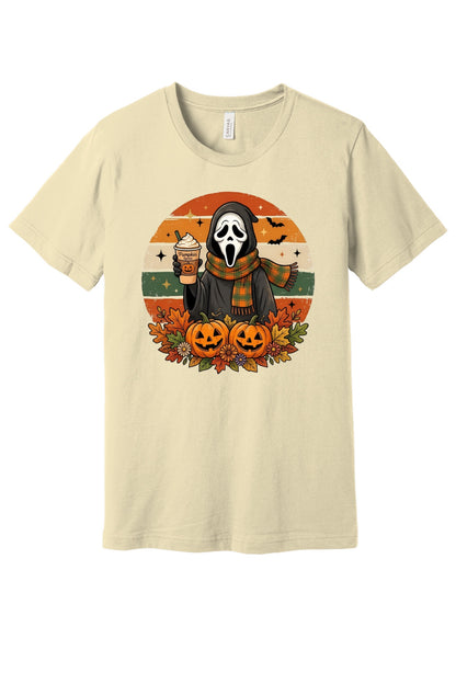 Pumpkin Spice Ghostface Halloween retro graphic tee with jack-o-lanterns and fall leaves printed on shirt in Natural