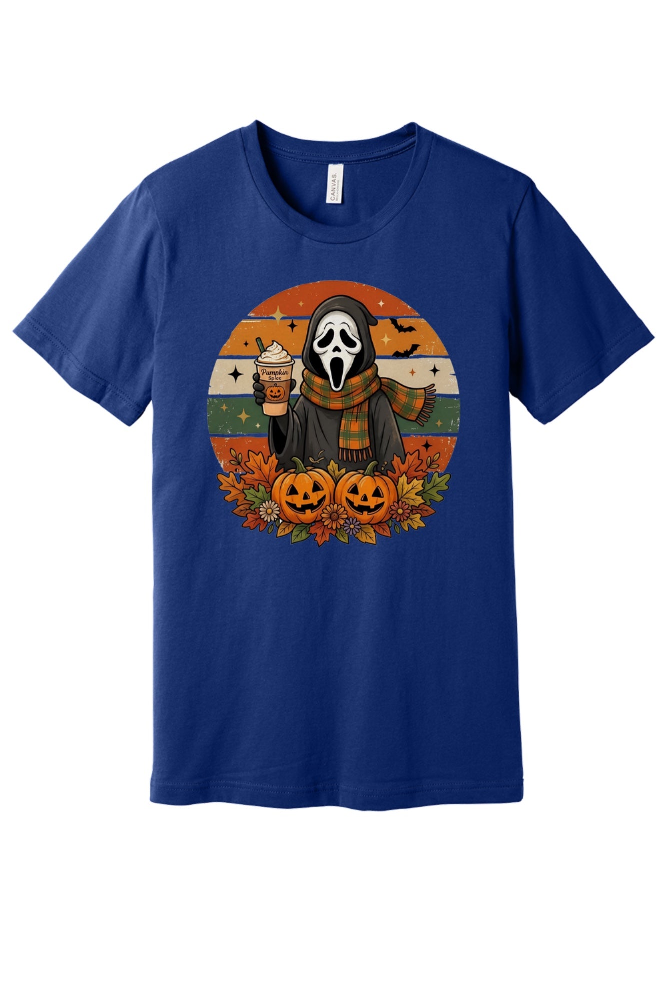Pumpkin Spice Ghostface Halloween retro graphic tee with jack-o-lanterns and fall leaves printed on shirt in Navy