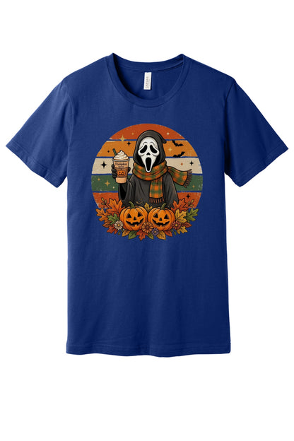 Pumpkin Spice Ghostface Halloween retro graphic tee with jack-o-lanterns and fall leaves printed on shirt in Navy